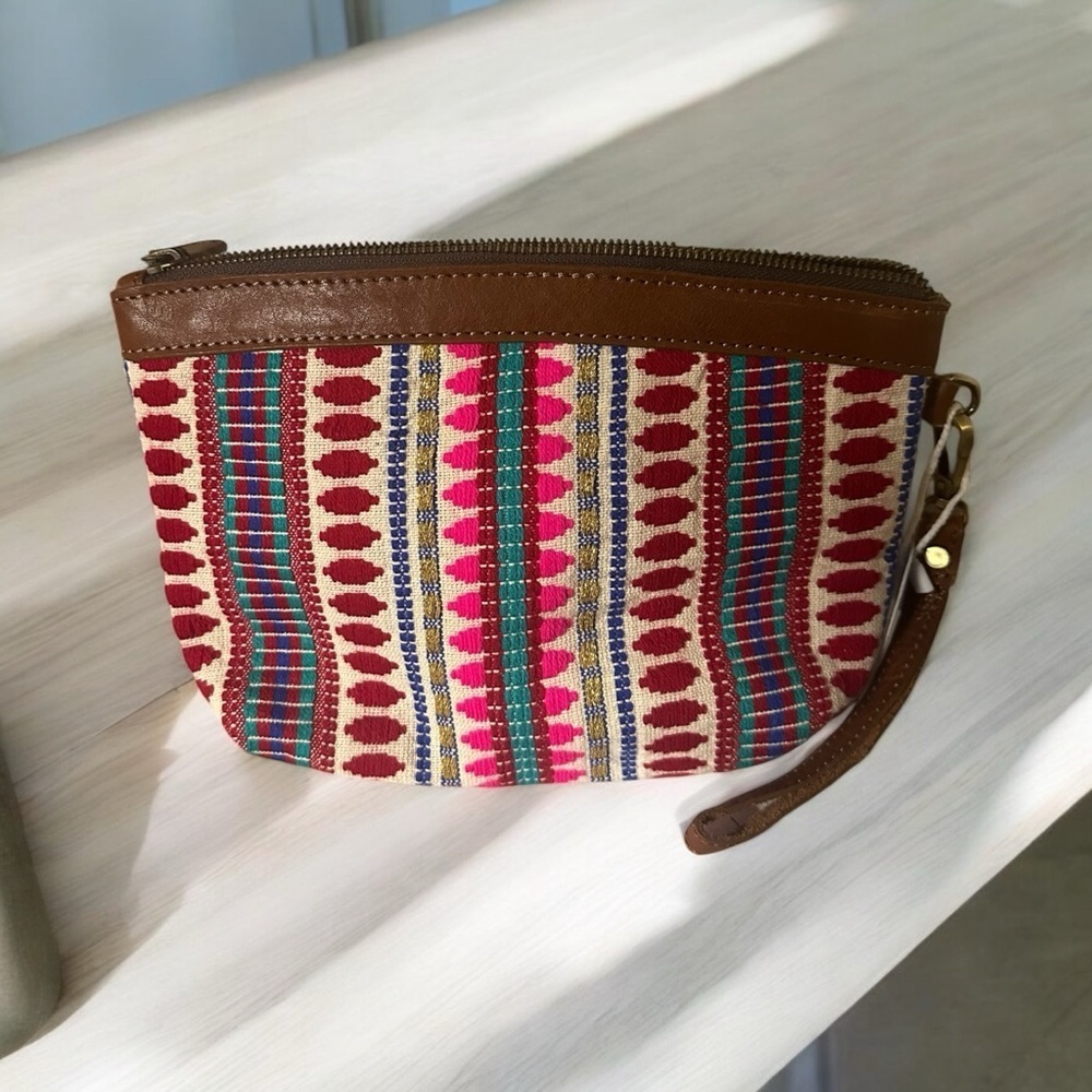 Carolina Jacquard & Leather Wristlet Clutch / Cosmetic Bag - Tan